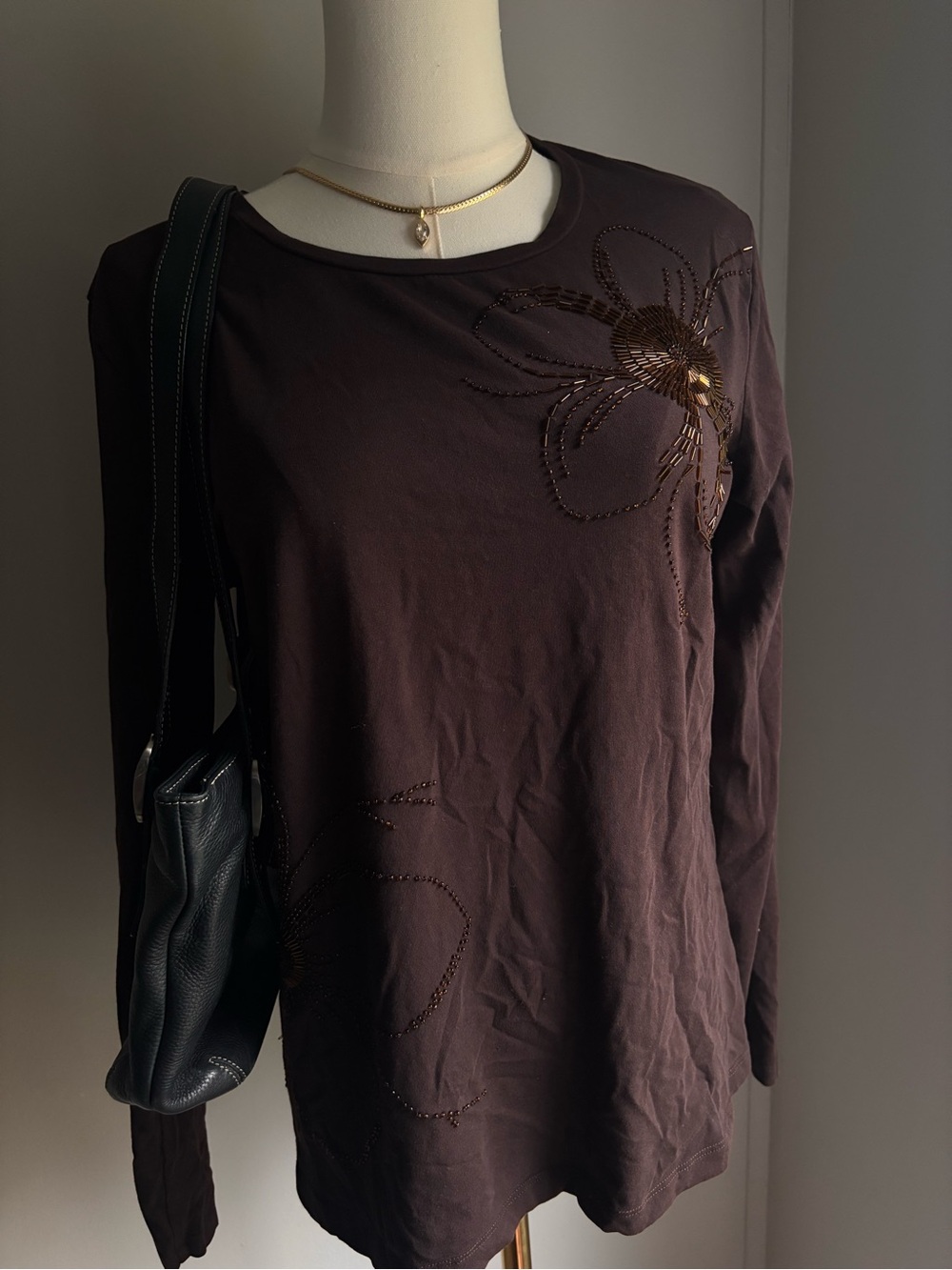 Jones New York Long-Sleeve Embellished Tee in Dark Brown